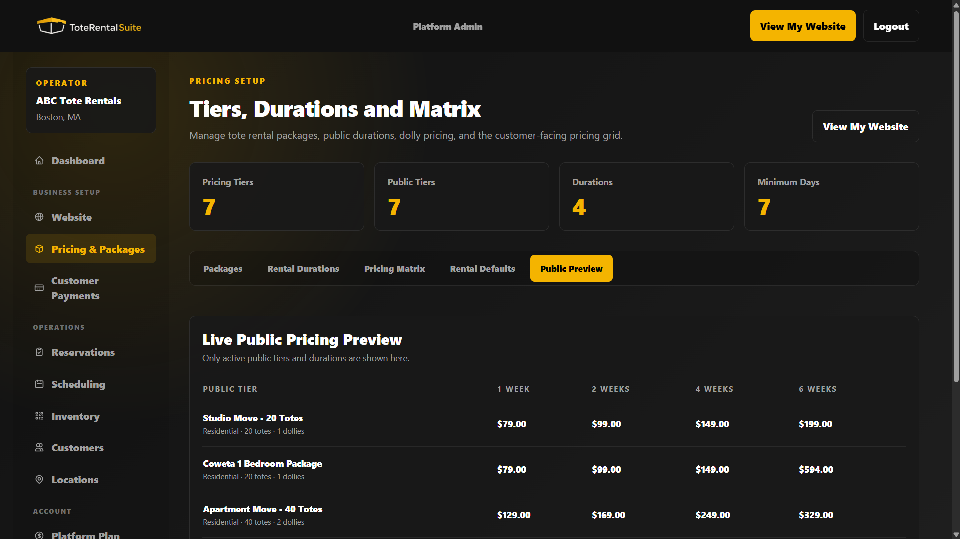 ToteRentalSuite pricing matrix showing public package pricing by rental duration