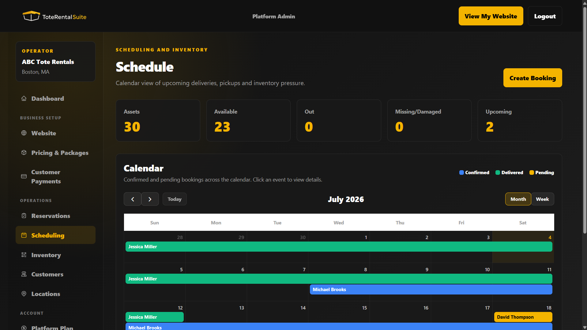 ToteRentalSuite scheduling calendar showing upcoming deliveries and pickups
